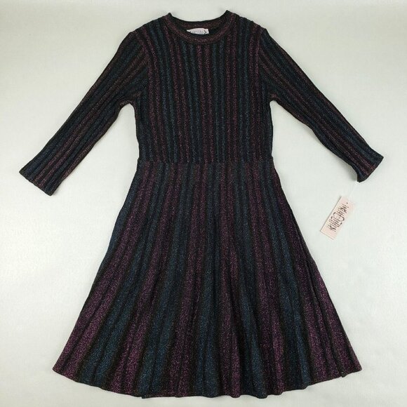 Nanette Lepore Metallic Fit Flare Dress Womens Medium Black Striped 3/4 Sleeve - Picture 2 of 15